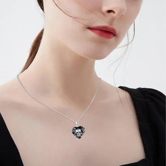 Skull Necklace 925 Sterling Silver Rose Skull Pendant with Austrian Black Heart